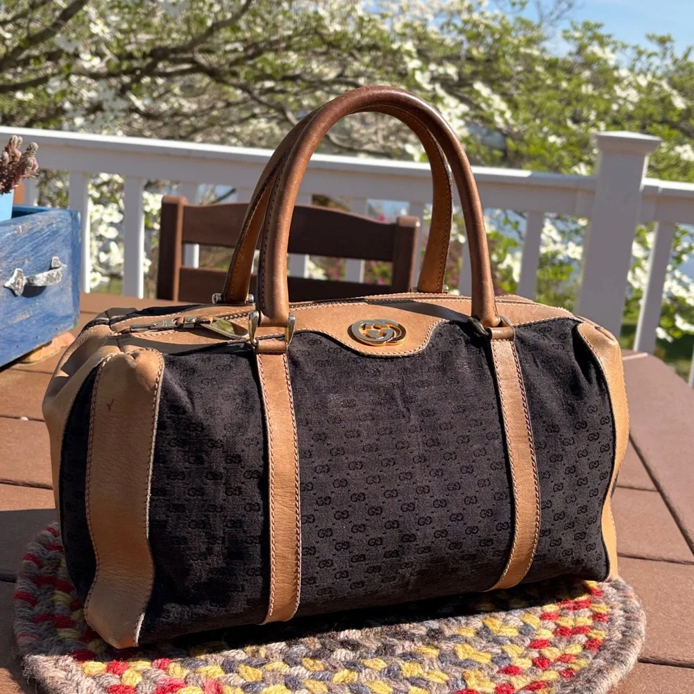 Vintage Gucci Micro GG Canvas Boston Bag Size 28 Black Tan Made in Italy - Picture 3 of 17